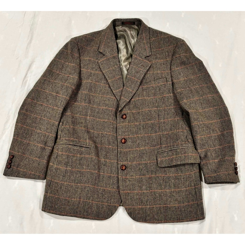 VTG Boston Traders Mens 100% Wool Blazer Glen‎ Plaid Sport Coat Brown